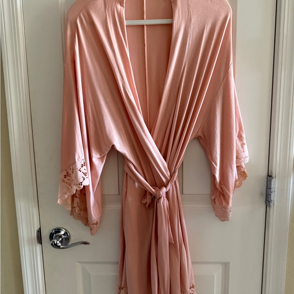 $148 Eberjey Women's Pink(peachy) Lace Knit Kimono Sleeve Self-Tie Naya Robe  S - Picture 2 of 9